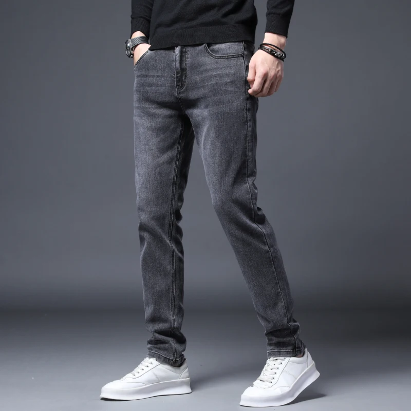 Jeans masculinos de algodão reto justo, calças jeans elásticas na moda coreana, roupas clássicas de marca, preto e cinza, 4 estações, novo, 2024