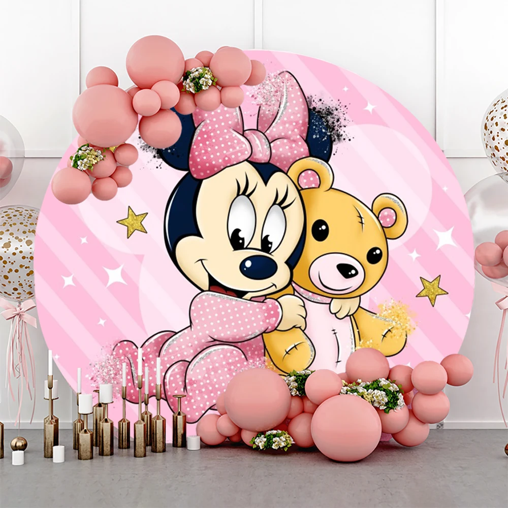 Baby Minnie Mouse Birthday Decorations Round Photo Backdrop Backgrounds For Photographs Baby Shower Girl Party Props Shooting