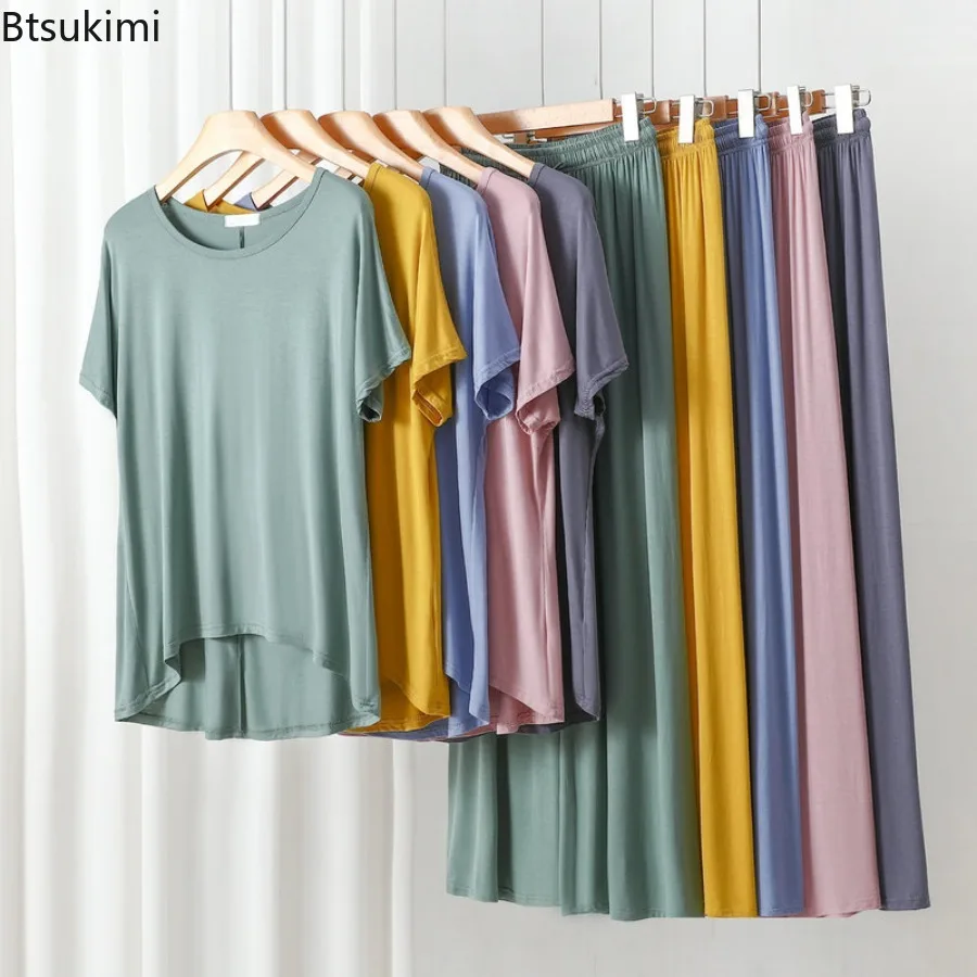 New Summer Modal 2pcs Homewear Sets Loose O Neck T-shirt Short Sleeves and Wide Leg Pants Casual Thin Sleepwear Suit Plus Size