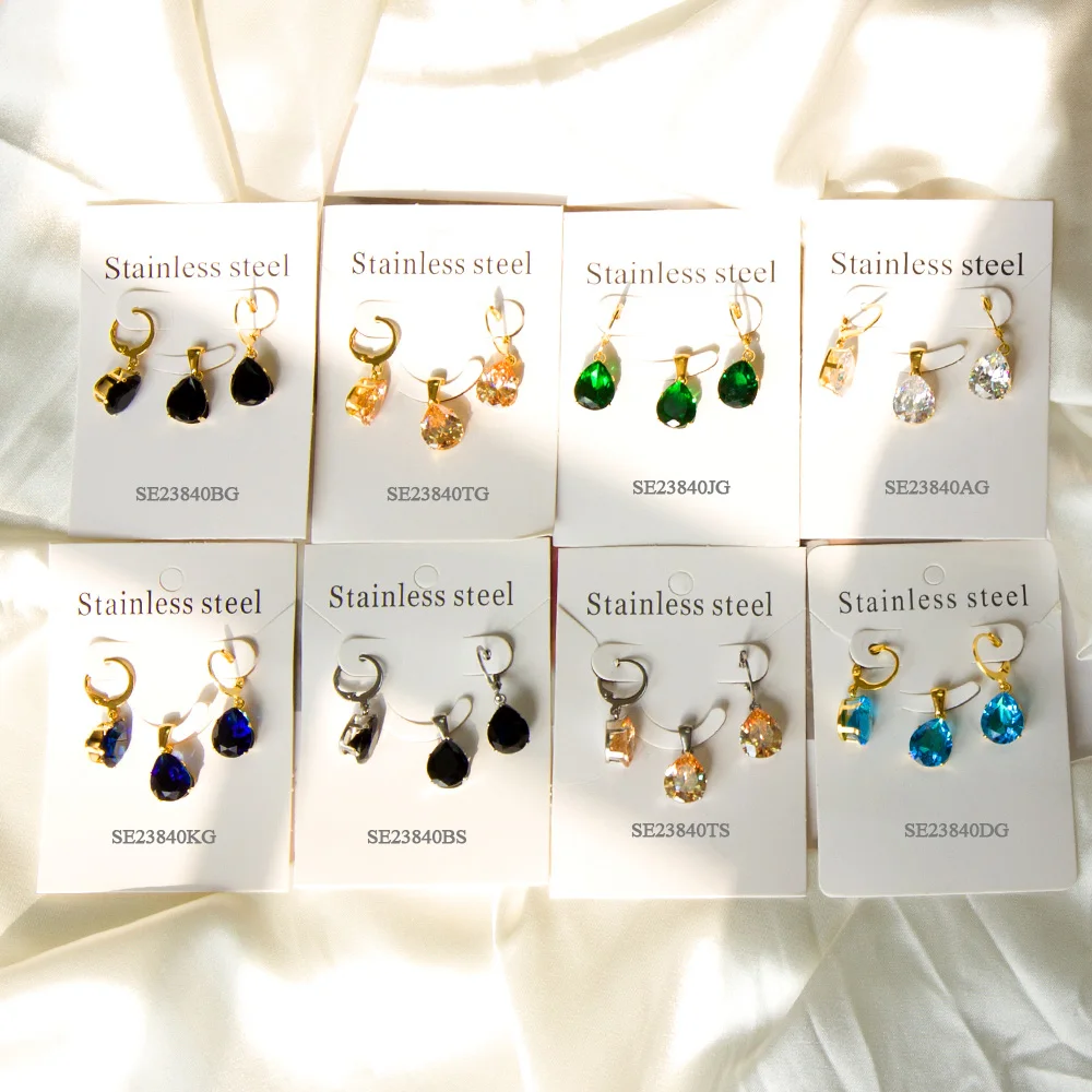 أطقم مجوهرات فاخرة من الزركونيا المكعبة للنساء ، قطرة ماء ، قلادات وأقراط الزفاف ، فولاذ مقاوم للصدأ ، AAA CZ ، أزياء فاخرة #2