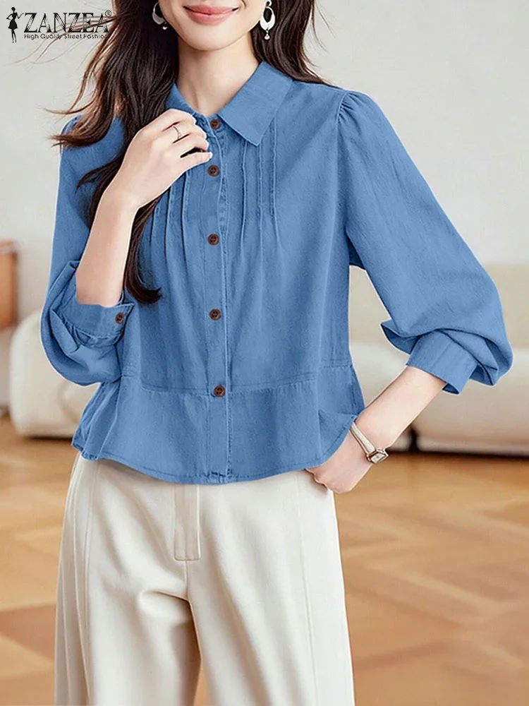 ZANZEA Frauen Hemd Langarm Elegante Büro Dame Tops 2025, Herbst Tasten Revers Casual Solide Blusas Mode Streetwear Blusen