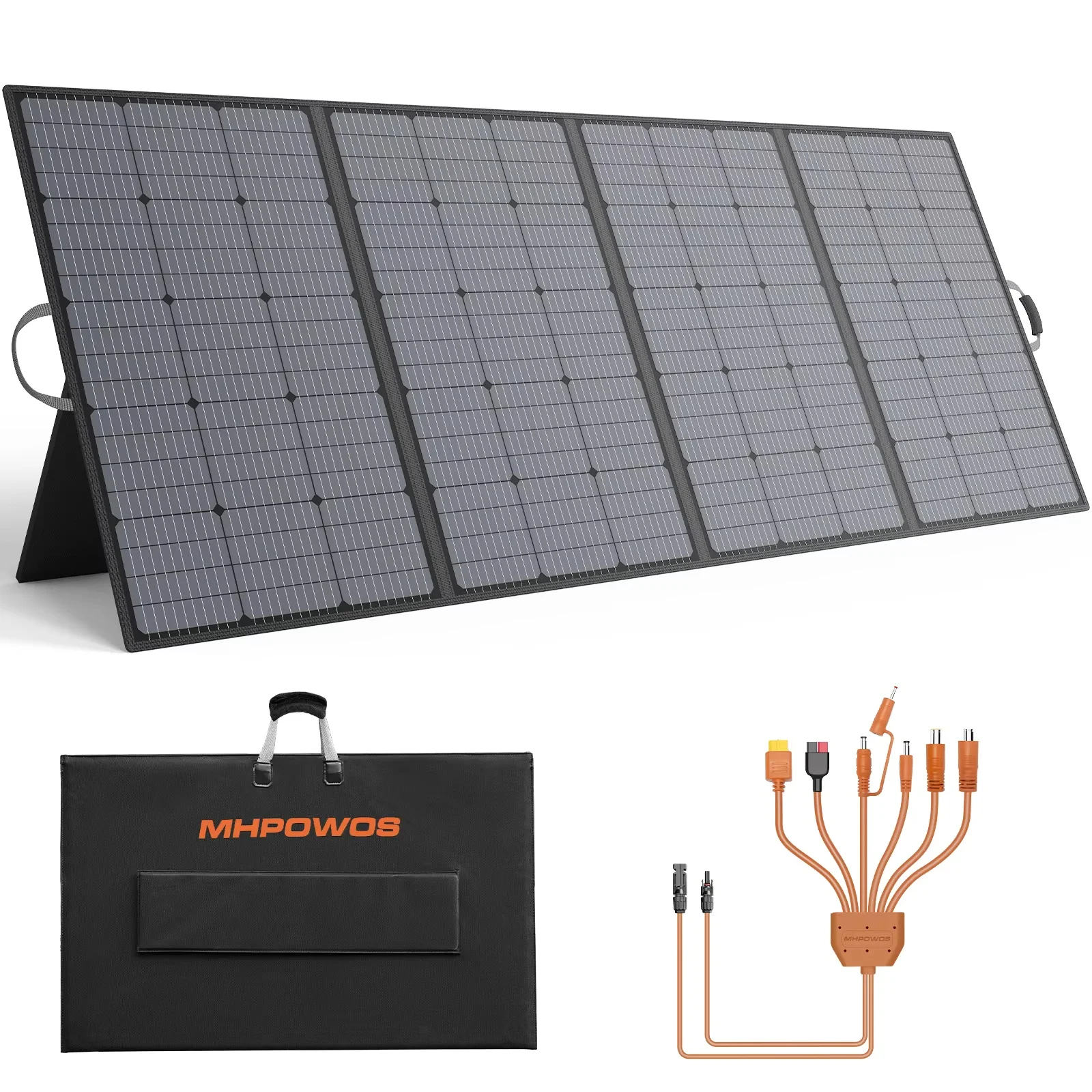 Pannello solare MHPOWOS con cavalletto regolabile Caricatore solare portatile pieghevole da 400 W, impermeabile IP67 per campeggio, camper, oscuranti