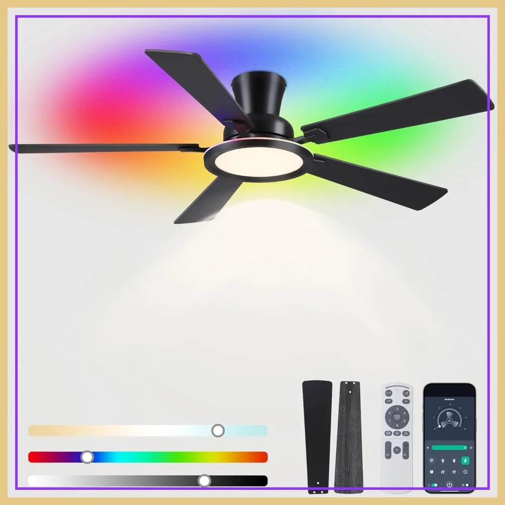 

52 in Ceiling Fan with Lights, Flush Mount RGB Dimmable Fan, 3CCT 6 Speeds Reversible Motor, Low Profile for Indoor, Black