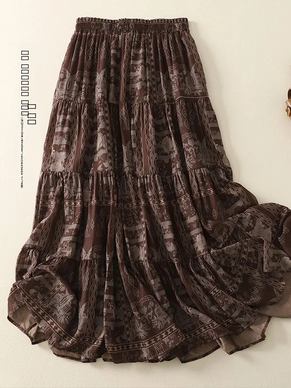 

New 2025 Loose Ethnic Sle f Skirt with Elastic Waist Large Size Women Floral Print Slimming Cake Skirt Commute Casual Co...