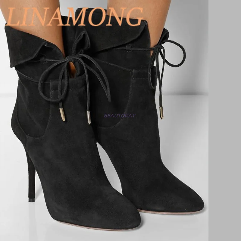 

Lace Up High-Heeled Short Boots Flared Edges and Pointed Leather Patchwork Design Fashionable and Stylish Mid Length Boots