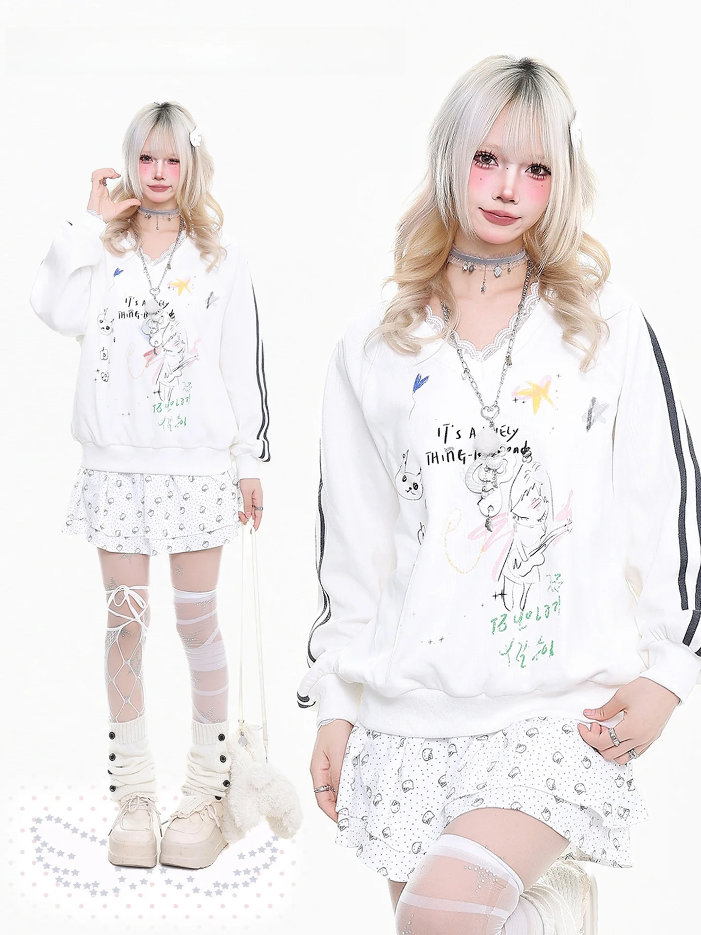 

Оранжевый свитшот с мультяшным принтом Y2K, женский, весенне-осенний, свободный, с V-образным вырезом, универсальный, стройнящий, повседневный, с длинными рукавами