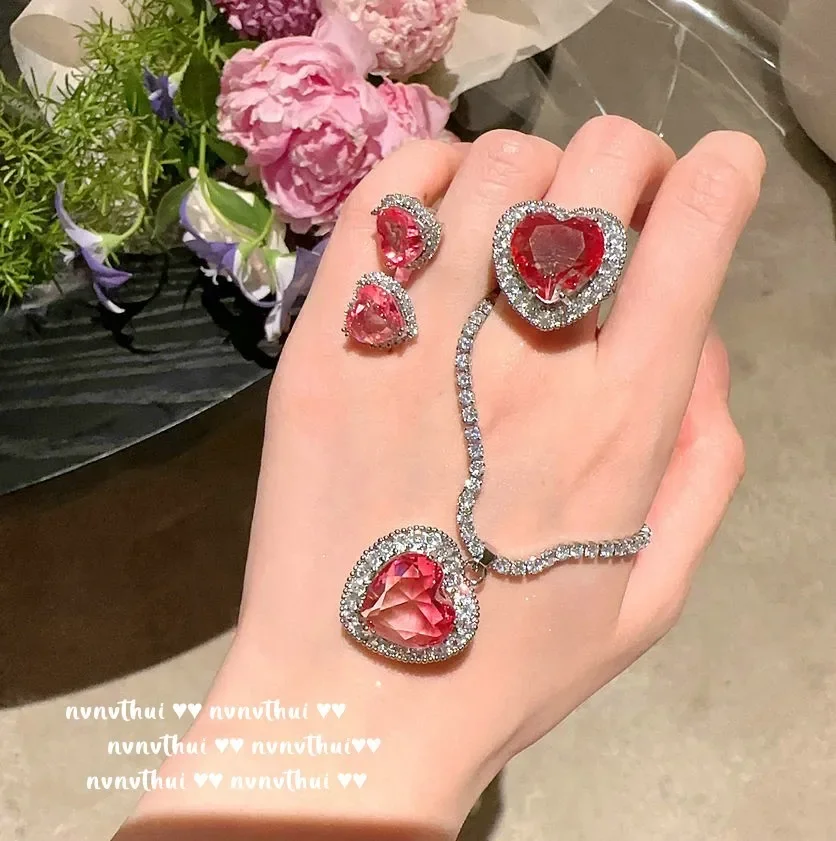 S925 Silver Jewelry Sets for Women Heart Zircon Ring Earrings Necklace Bracelet Wedding Bridal Elegant Christmas Couple Jewelry