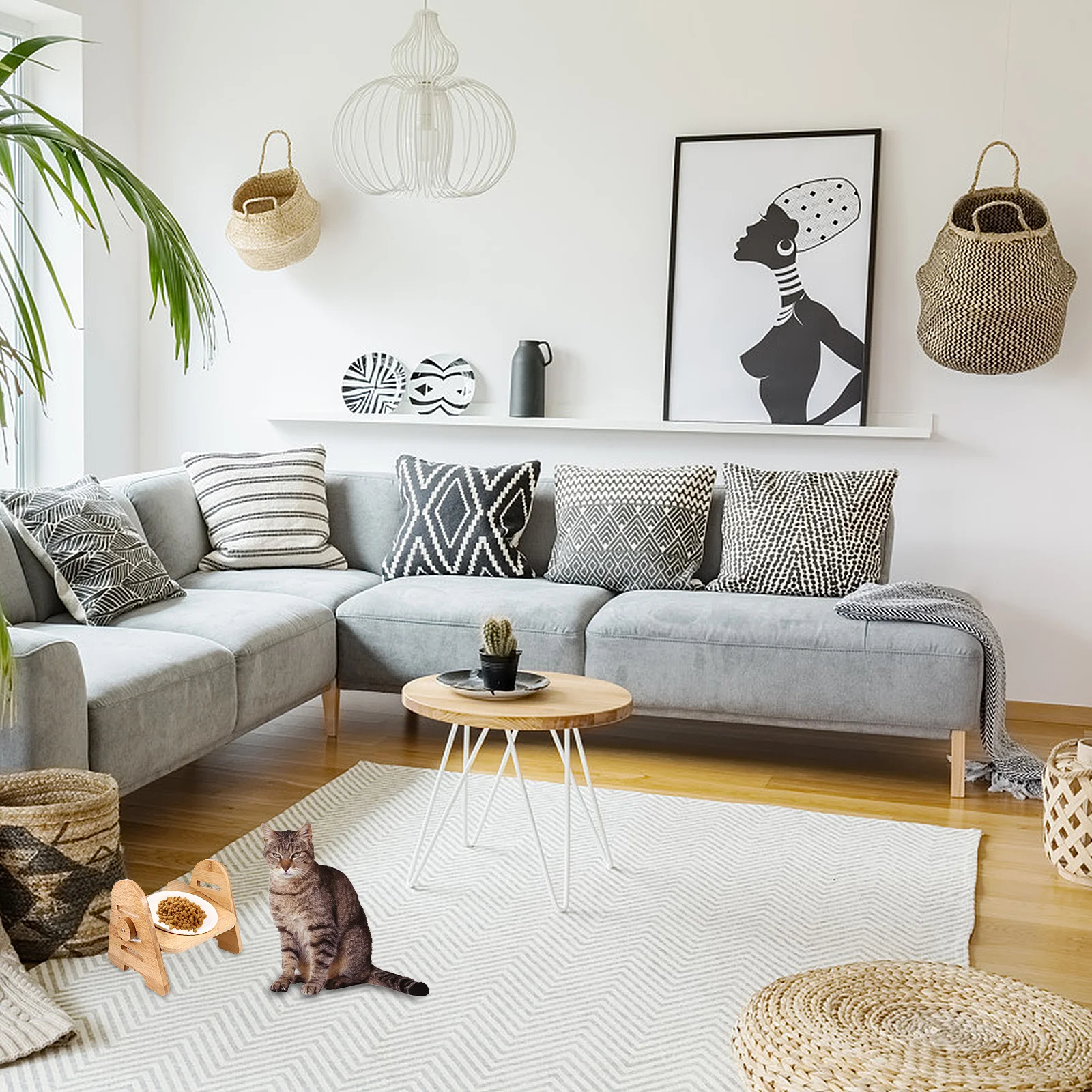 

Ceramic Pet Bowl Raised Wooden Stand Adjustable Elevated Cat Feeder Water Food Dish for Small Dogs Cats Comfortable Dining