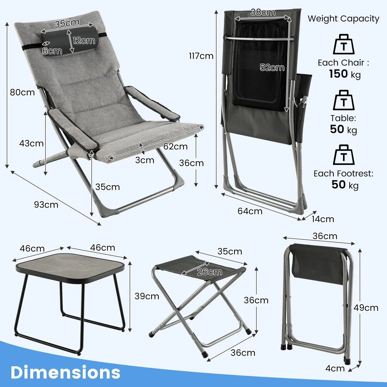 GOFLAME 5pcs Patio Folding Sling Chair Set Ottoman Table Portable Headrest Outdoor Beach