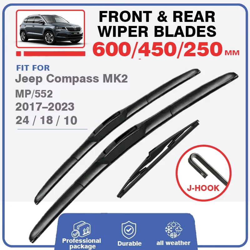 Front Rear Windscreen Wiper Blades For Jeep Compass 2017-2023 MK2 2nd Gen Brushes Car Accessories Cutter U Type J Hook 2021 Auto