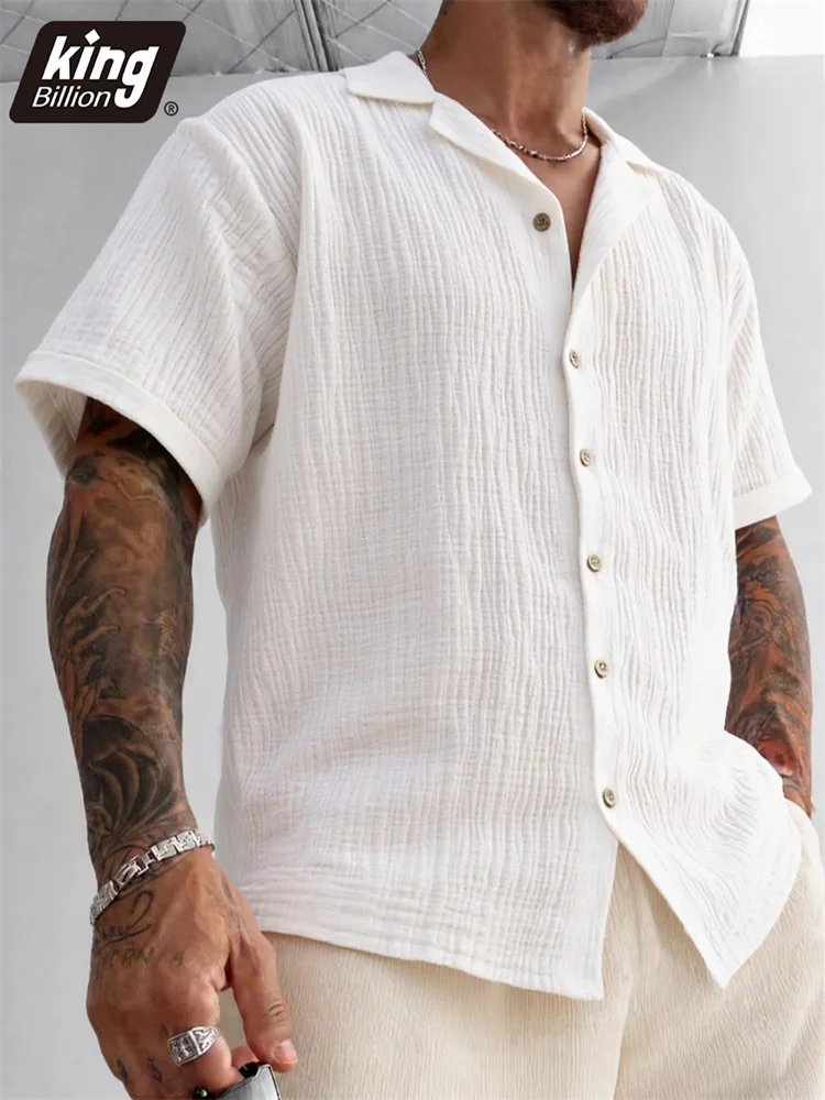 Men's Cotton Short Sleeve Shirt Breathable Cozy Single Breasted Tops Old Money Cuban Collar Fashion Solid Color Casual Shirts