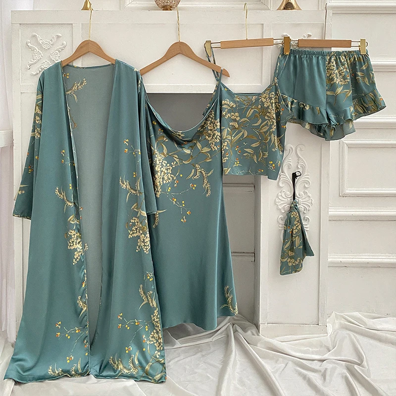 4PC Silk Robe Sleep Suit Womens Lace Satin Pajamas Gown Set V-Neck Cami Nighties Wear Pijama Home Nightwear Spring Nightdress