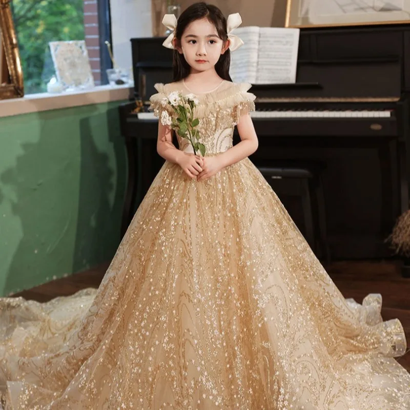 Girls Princess Party Dress Children Wedding Flower Girl Birthday Pageant Gown with Train Host Piano Performance Evening Party