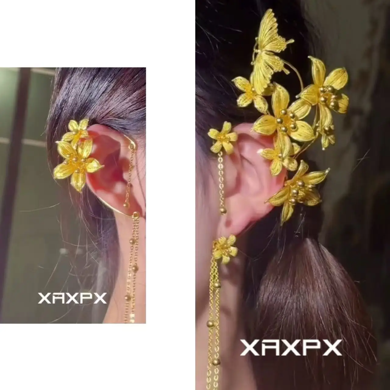 

Yellow-gold butterfly flower fringed ear hanging female bride exquisite gold noble earrings