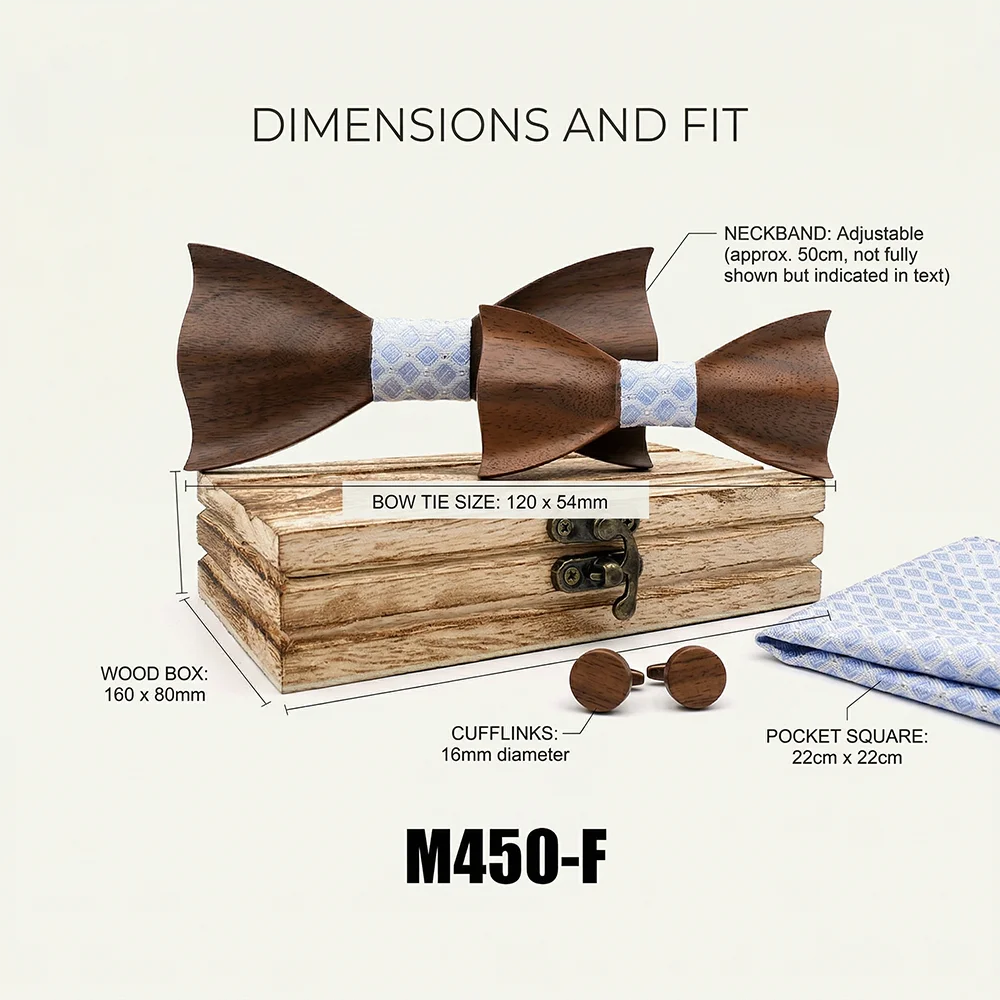Wooden Bow Tie Set for Men Solid Wood Blue Check Gift Set Wedding Bowtie Cufflinks Blue Check Pocket Square Gift Box Formal Part