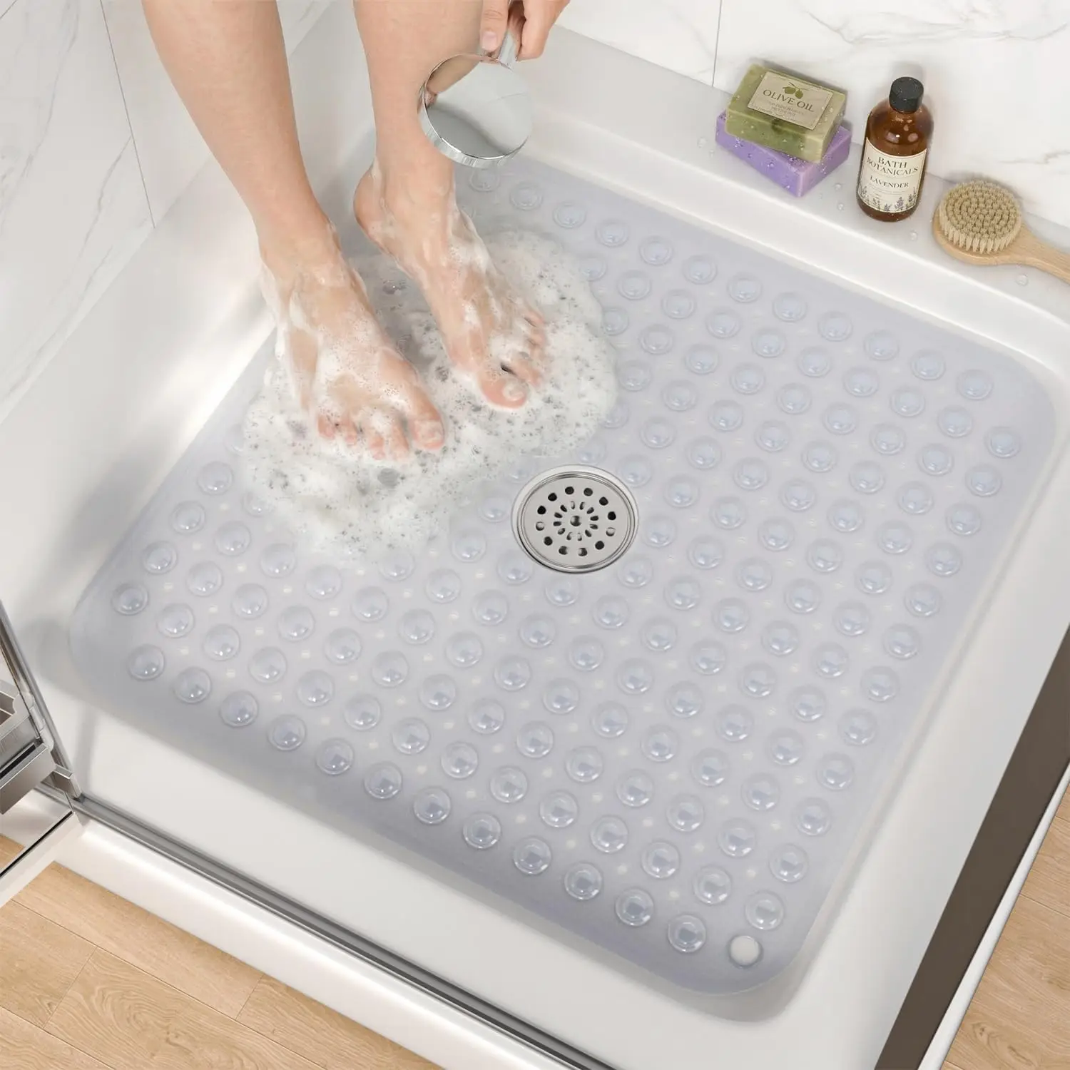 

Non Slip Shower Mat 24x24, Soft PVC Bathtub Mat with Suction Cups, Center Drain Hole, Machine Washable Bathroom Floor Mat