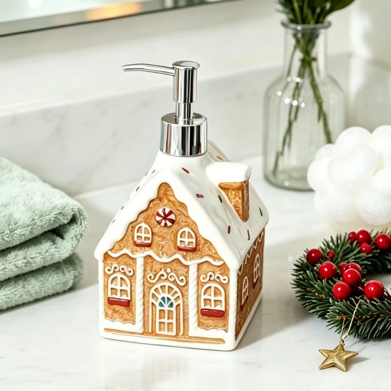 600ml Christmas Gingerbread House Ceramic Lotion Bottle Bathroom Soap Dispenser Shampoo Bottles Makeup Remover Storage Bottle