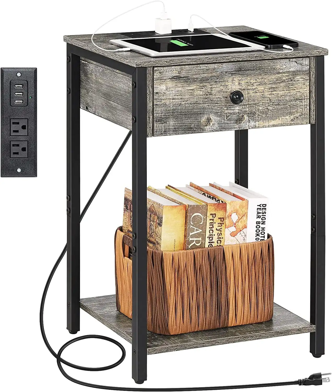 Nightstand End Table with Charging Station, USB Ports, Drawer and Storage Shelf, Gray