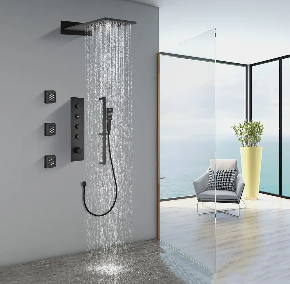 

Embedded Concealed Shower Faucet Set with Four Functions, Waterfall Outlet Three Side Showers Adjustable Rod black Shower Head