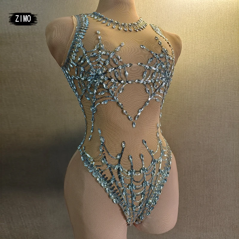 

2024 New Sparkling Rhinestone Bodysuit Women Mesh Sequin Perspective Sexy Leotard Birthday Party Club Stage Performance Costume