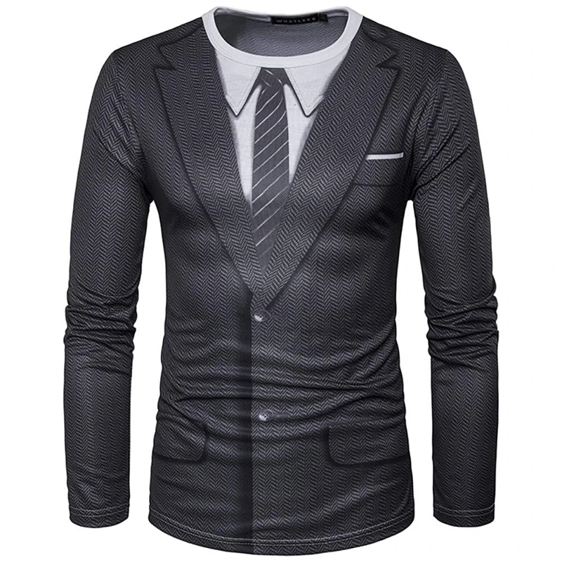 Realistic Suit Tuxedo Print T Shirt For Men Fashion Cotton Long Sleeve T-shirts Casual O-neck Loose Pullover Autumn Men Clothing