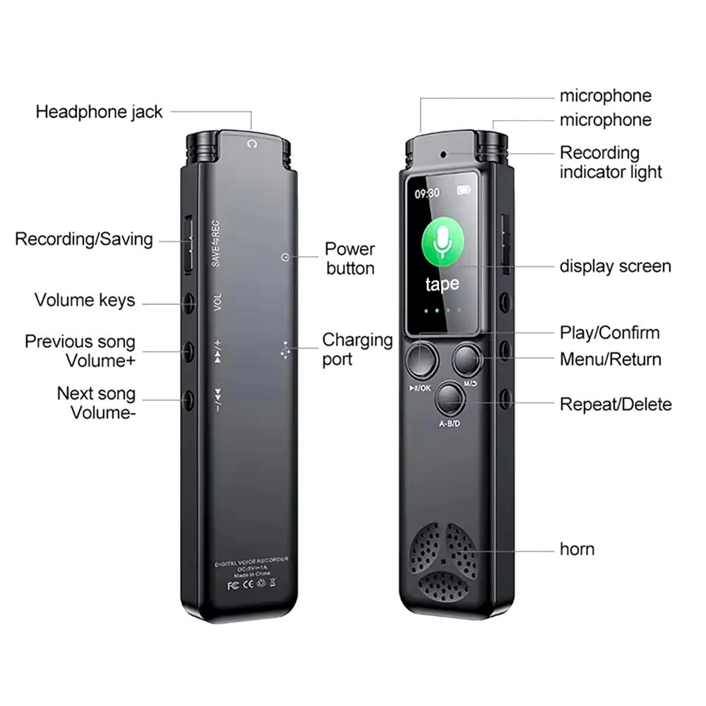 16/32/64GB Digital Voice Recorder Professional HD Noise Reduction MP3 WAV Audio Player One Click Sound Recording Device 280 hour