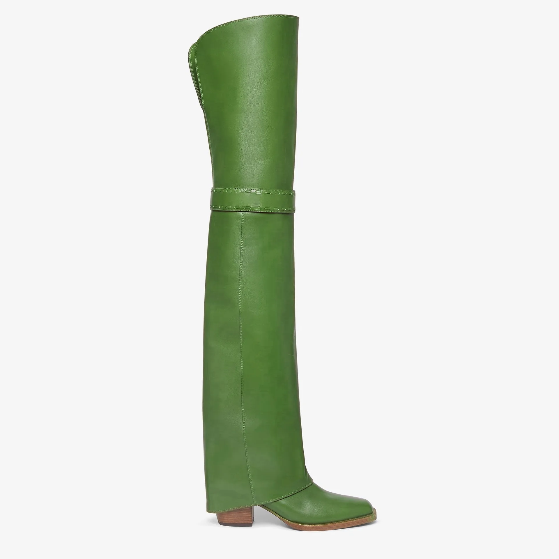 2024 Winter New in Women\'s Green/Black Leather Over Knee High Boots Chunky Heel Sexy Thigh Boot Luxury Designer Party Shoes