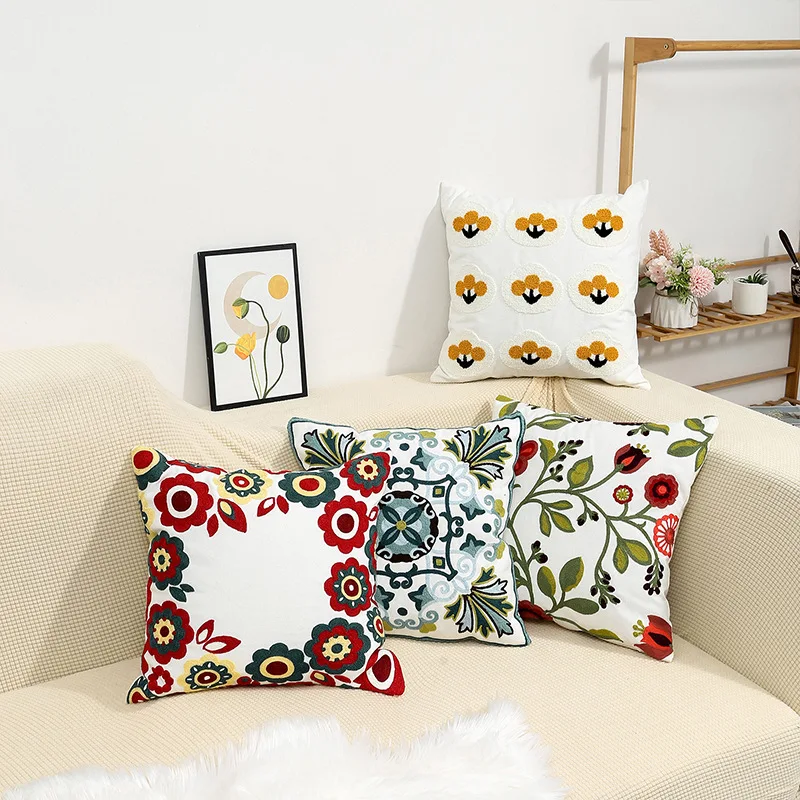 Towel Embroidery Flower Cushion Cover 45X45cm Cream White Pillowcase for Bed Chair Sofa Decorative Pillow Covers Home Decor