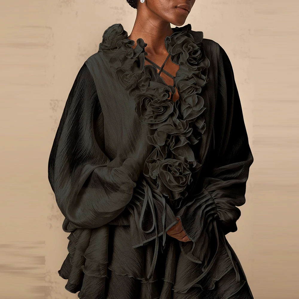 TWOTWINSTYLE Solid Spliced Appliques Loose Elegant Dresses for Women V Neck Long Sleeve High Waist Temperament Dress Female