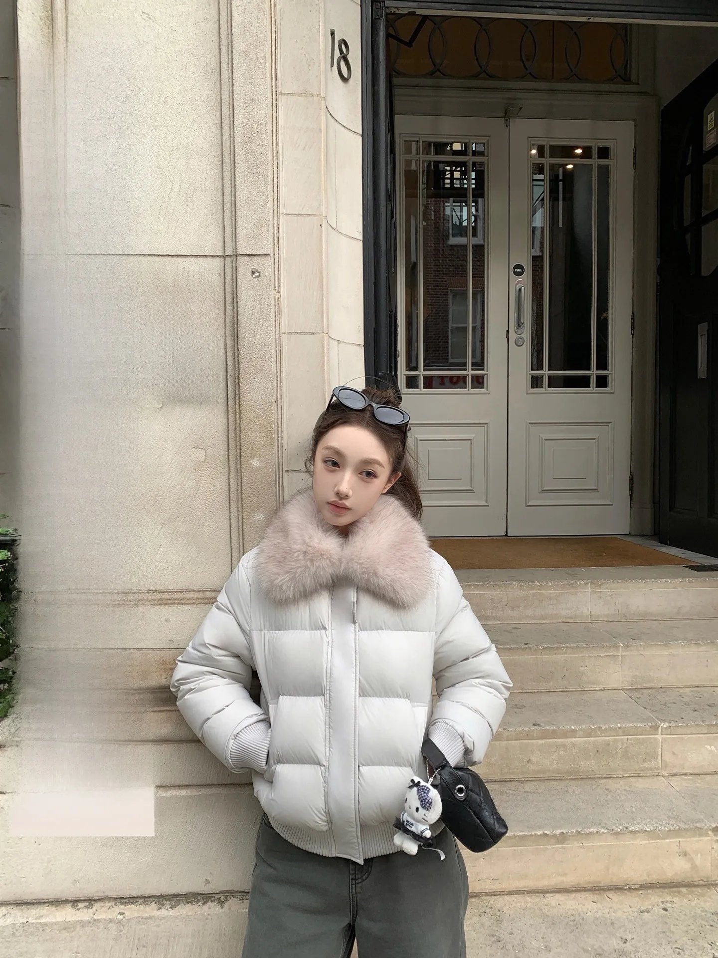 

Detachable Fur Collar 90 White Du down Puffer Coat Women's Winter Warm Casual Sle Regular Fit Polyester Fiber Long Sve
