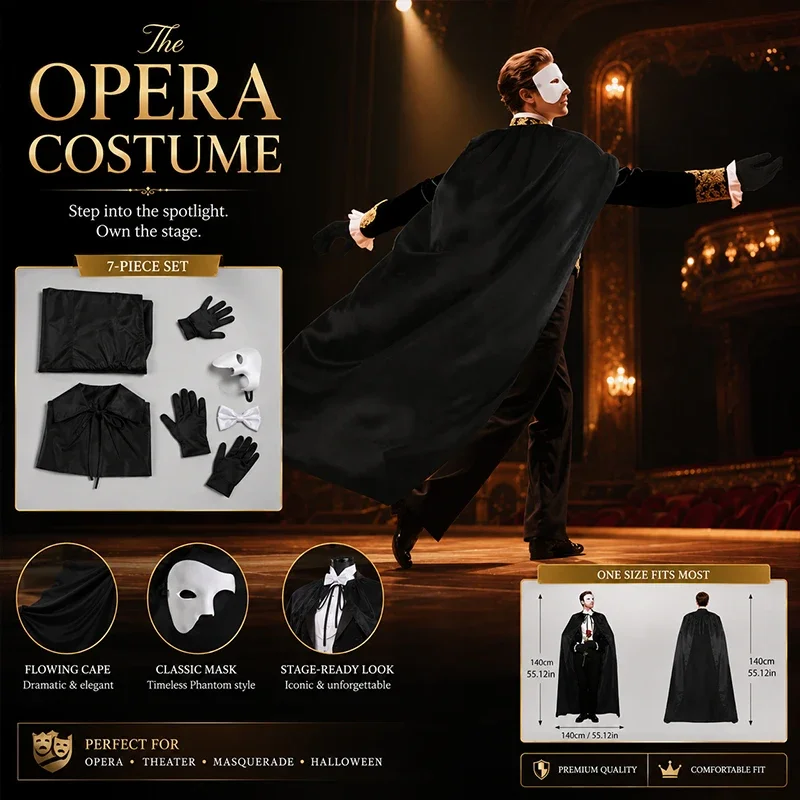 Men Halloween Opera Ghost Costume Set Black Cape Half Mask Bow Tie Gloves for Masquerade Ball Party Cosplay Outfit