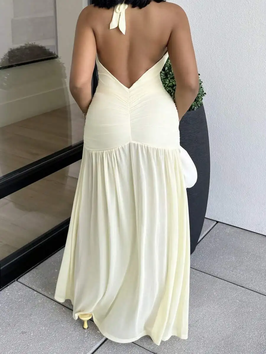 

Cream Solid Deep V-Neck Halter Ruched Fitted Maxi Dress For Party Cocktail Formal Bridesmaid