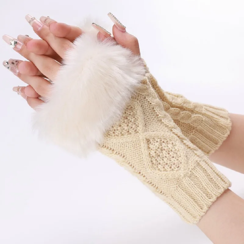 Ultra Soft New Rhombus Short Plush Knitted Wool Womens Gloves for Autumn Winter Warm Thick Half Finger Arm Sleeves Wrist Guard