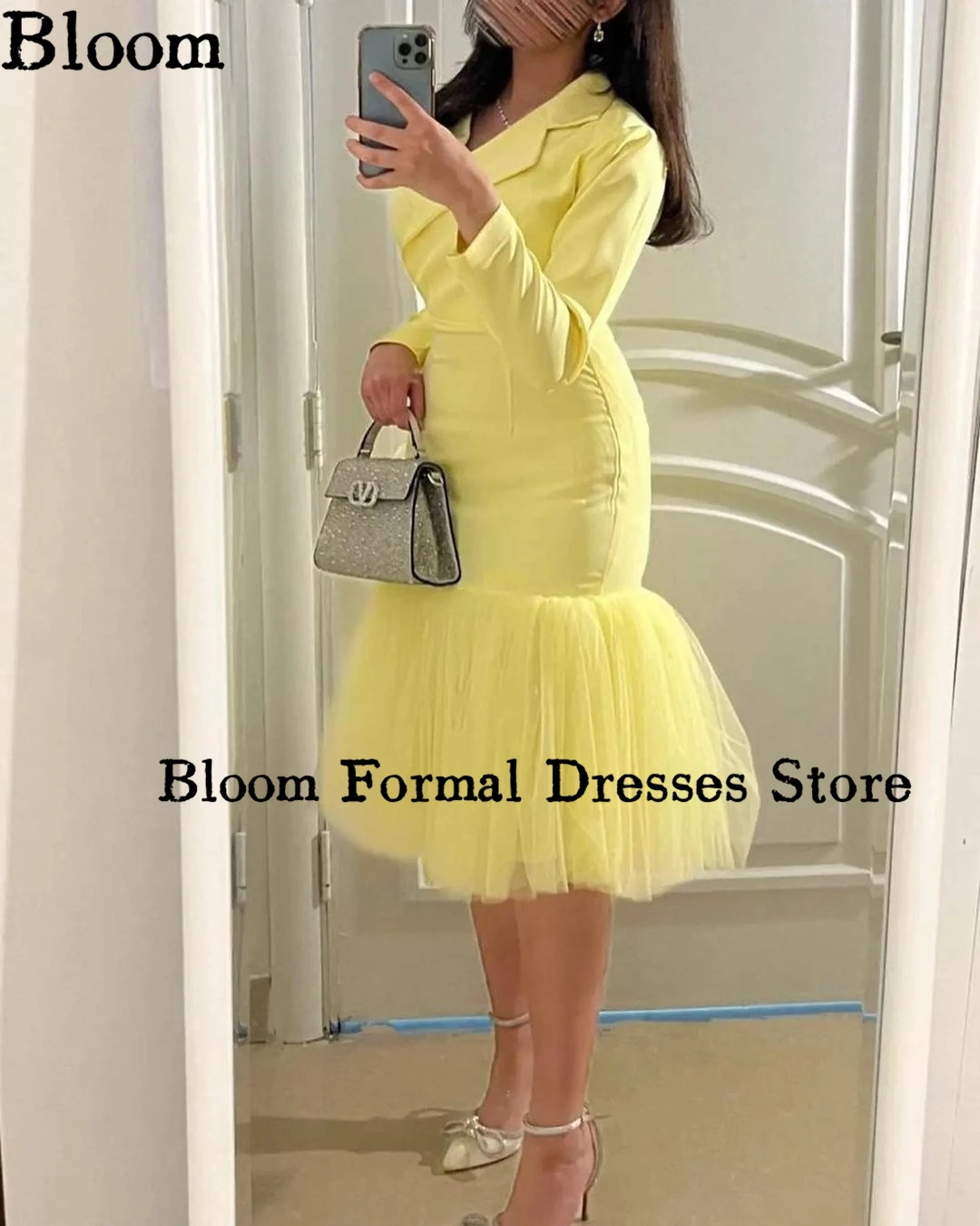 Bloom Long Sleeves lapel Prom Dresses Satin Tulle Knee-length Simple Formal Evening Dresses Wedding Party Dress Free Shipping