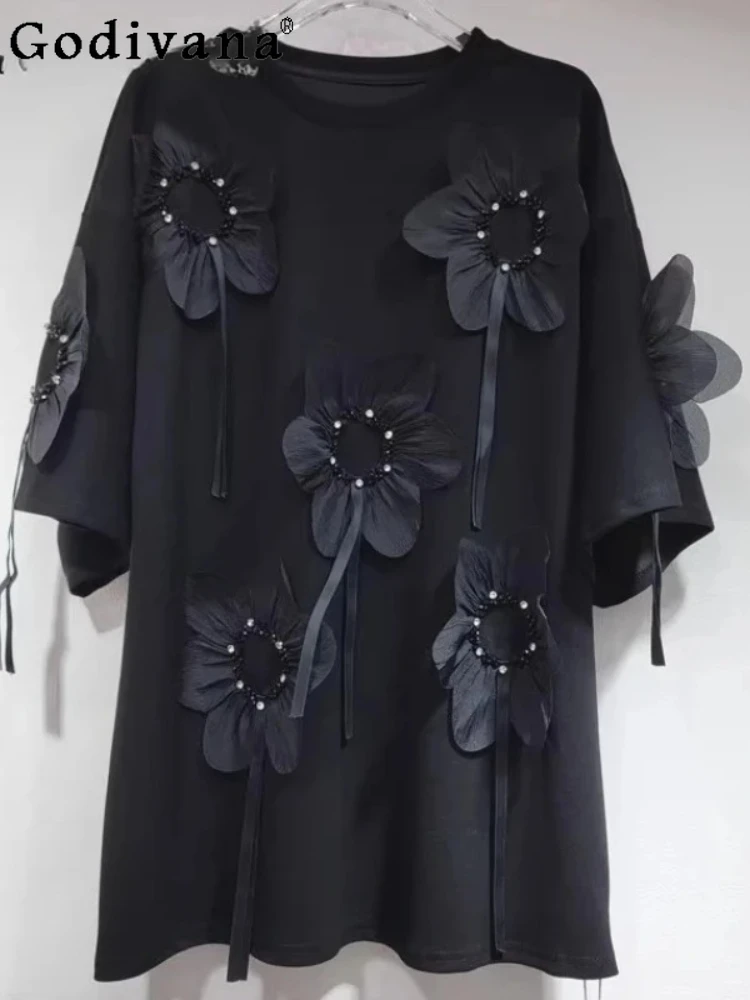 

European Round Neck Medium and Long Versatile T-shirt Dress Summer Three-dimensional Flower Bead Loose Fashion Short Sleeve Top