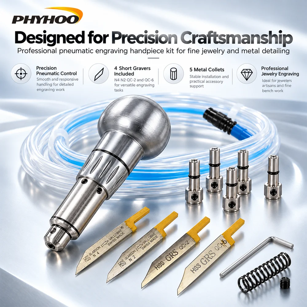 PHYHOO Pneumatic Engraving Handpiece Kit Round Head ZC with Air Hose 4 Short Gravers 5 Collets for Jewelry Metal Carving Details