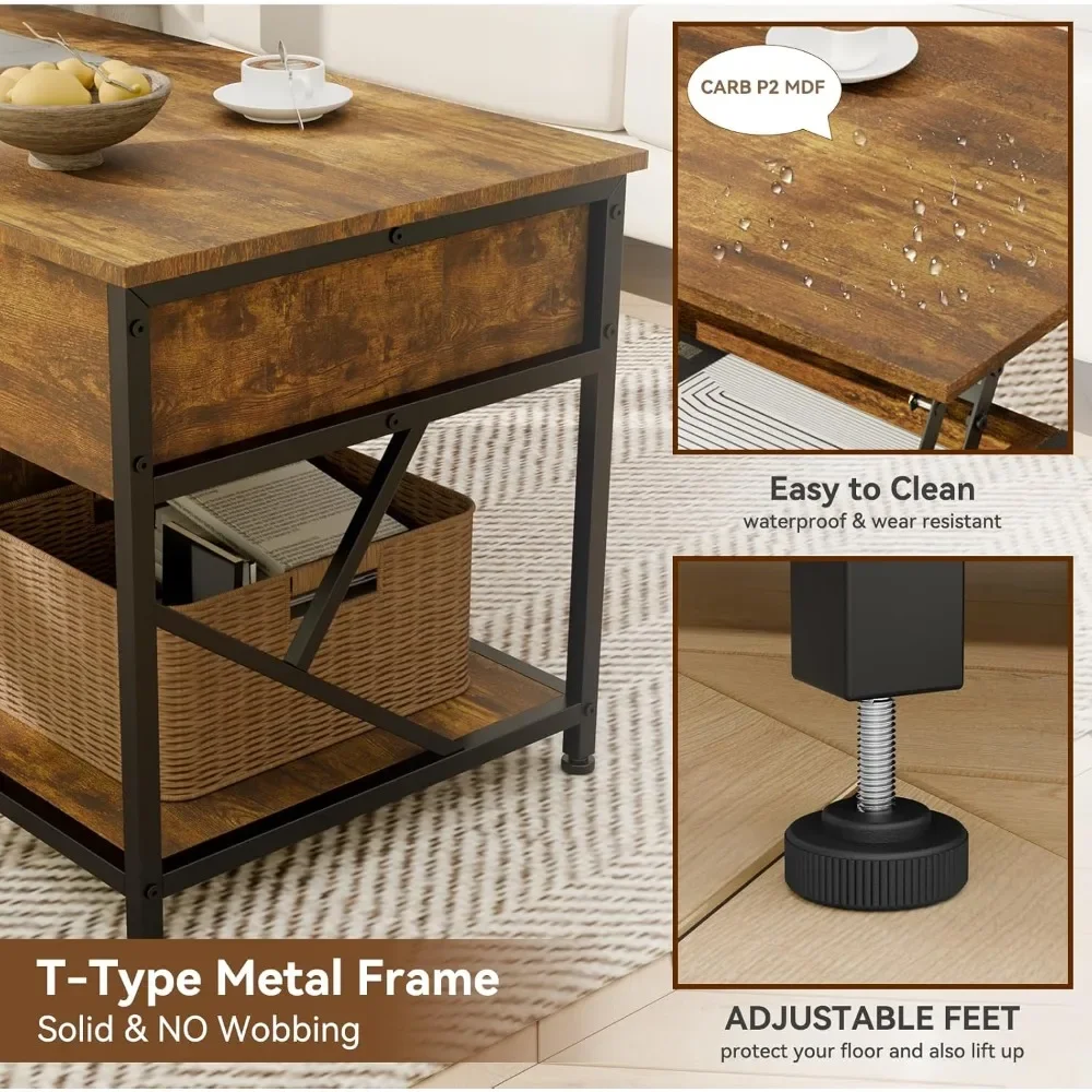 Mesa de centro, mesa de centro elevatória de 47,2 polegadas para sala de estar, mesas de sala de estar marrom rústico com armazenamento e compartimento oculto