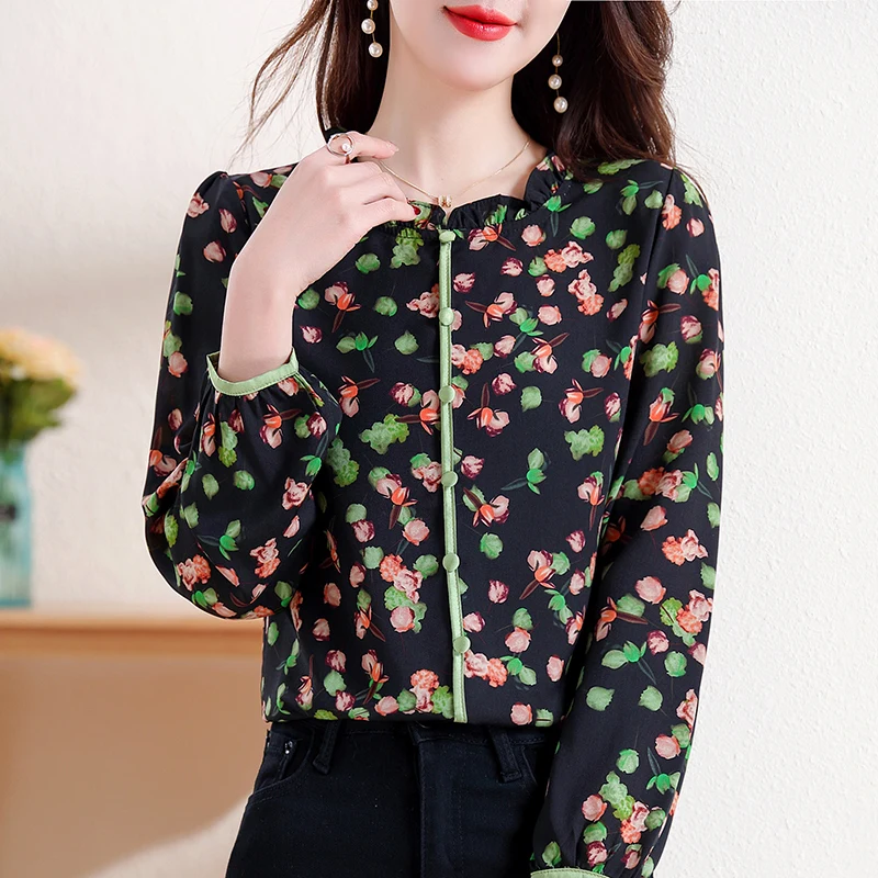 Women Summer Autumn Style Chiffon Blouses Shirt Ladies Chic Ruffles Collar Printed Casual Loose Tops Fashion Blusas Mujer 2024