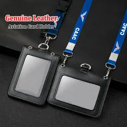 Aviation Neck Lanyard Badge Holder Genuine Leather Staff Work Business Name Tag Id Lanyards Cards Cases Transparent ID Window