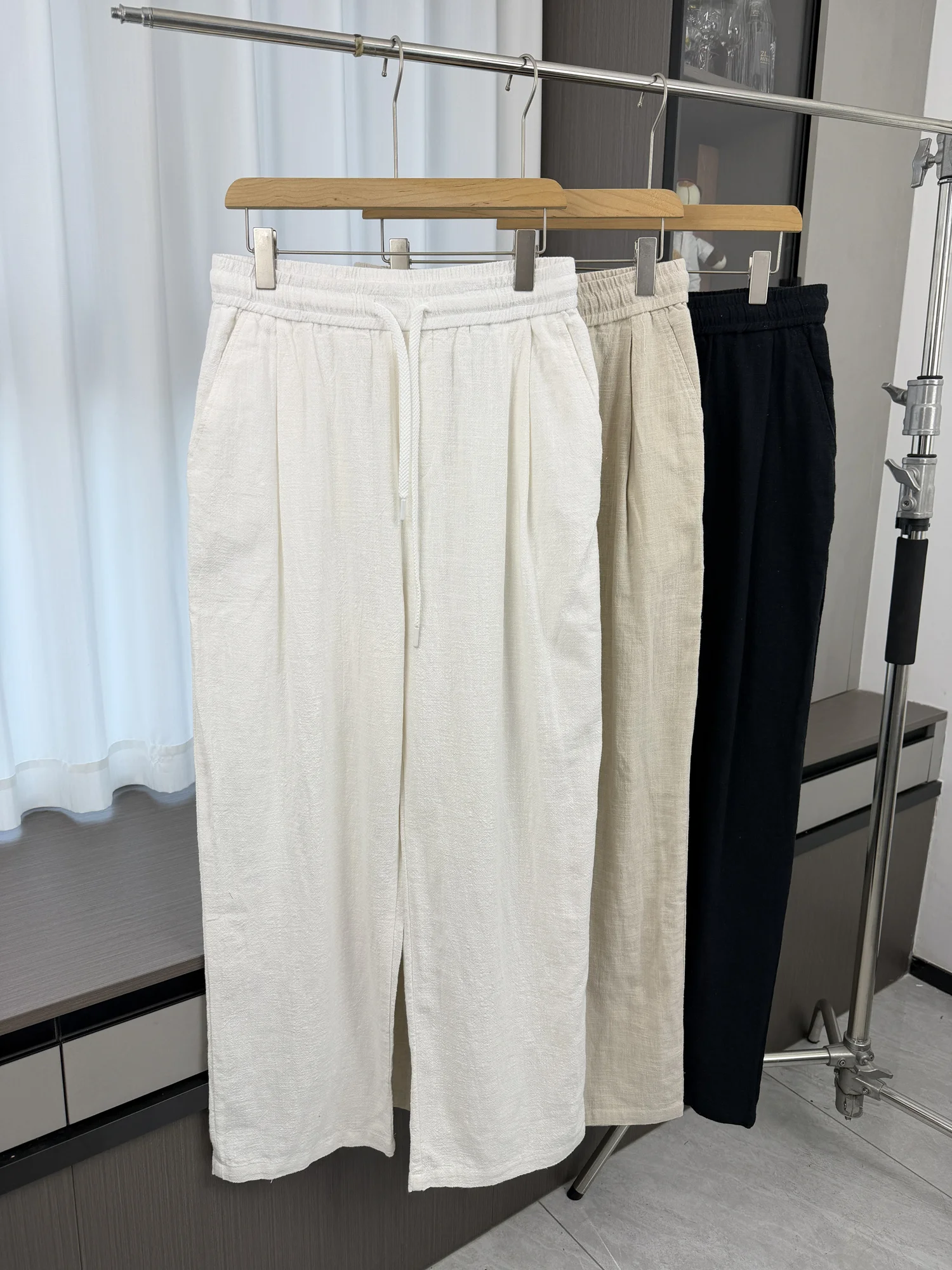 

High Quali Lazy Old Money Sle Men's Pure Color Casual Straight Leg Linen Trousers Spring Season Faionable All-Match