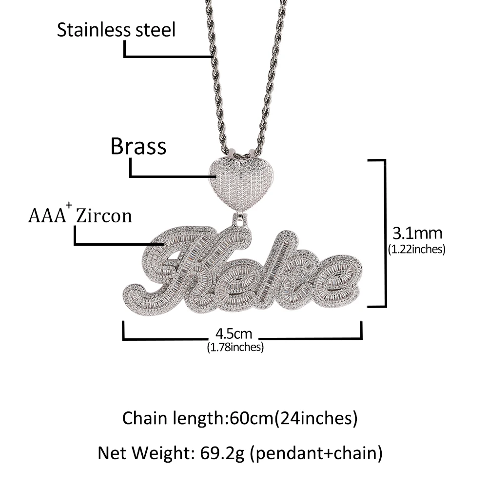 UWIN Trendy Custom Baguettecz Chain Name Necklace with Heart Bezel Script Letters Baguettecz Nameplate Necklace Hip Hop Jewelry