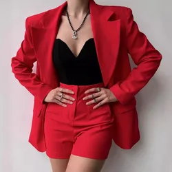 Office Lady Set Solid One Button Lapel Long Sleeved Suit Jacket Zipper Shorts Two Piece Spring Summer Fashion Commuting Suit