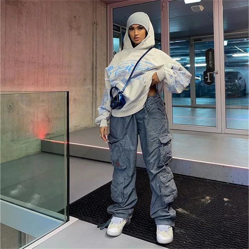 كنزات بغطاء رأس مع طباعة حروف للنساء ، كنزة رياضية وسراويل ، كنزة صوفية بانك ، كم طويل ، جيب ، كنزة رياضية هيب هوب ، معطف هاراجاكا ، بانك ، Y2K #2