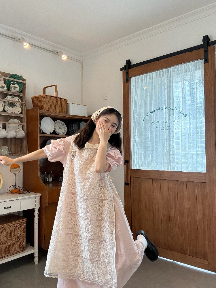 ชุดเซ็ตสองชิ้นสำหรับผู้หญิงไซส์ใหญ่ คอเสื้อแต่งลูกไม้ สไตล์เกาหลี แขนยาว กระโปรงทรงเอ ความยาวปานกลาง ชุดฤดูร้อน