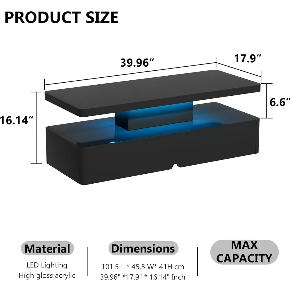 Modern Stylish Coffee Table with 16 Colors LED Lights, Double-Layer Design, Coffee Table for Living Room