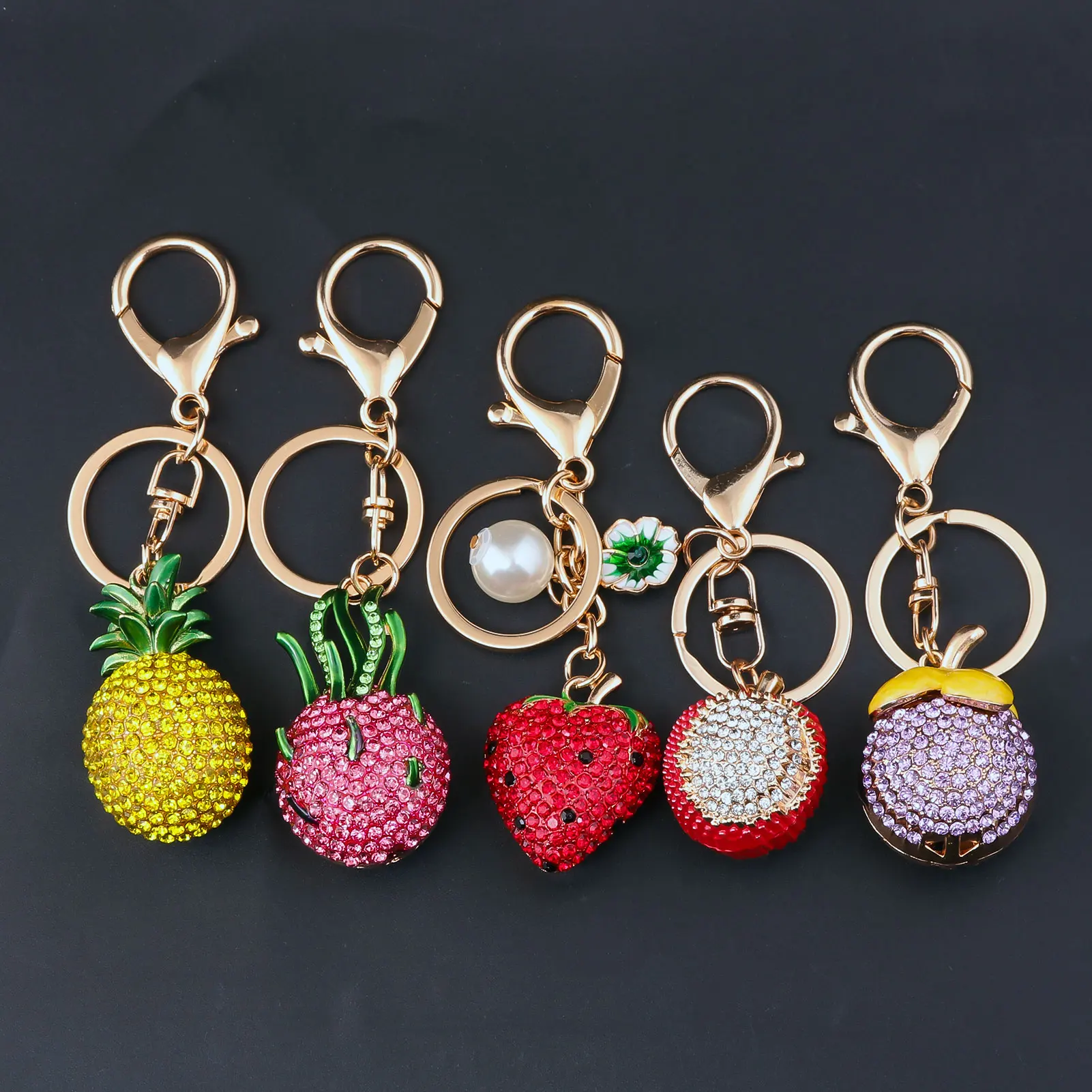 LLavero de fruta con diamantes de imitación 3D Pitaya litchi fresa piña mangostán llavero colgantes para mujer bolso decoración joyería regalo