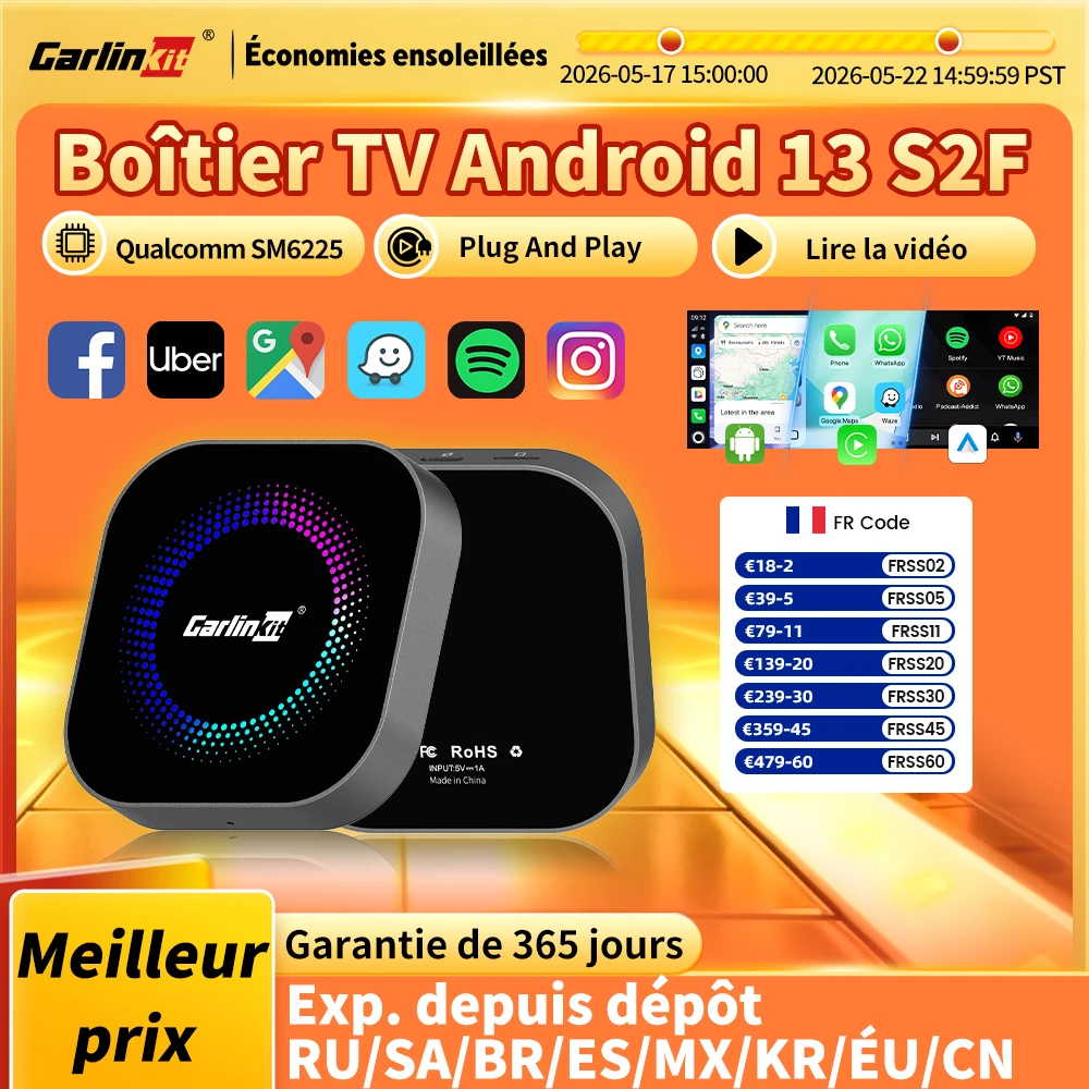CarlinKit TV Box S2F Android 13 CarPlay Ai Box SM6225 8 cœurs sans fil CarPlay Android Auto boîte de Streaming vidéo 4G LTE et WiFi GPS
