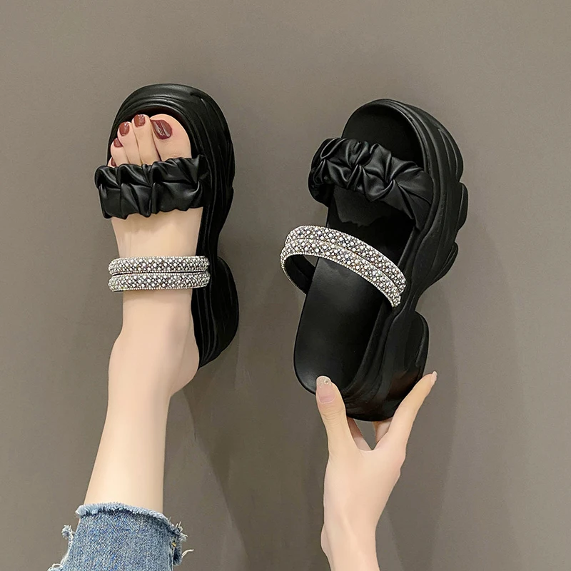 LazySea Crystal Straps 9cm Wedge Heel Women Slippers Platform Height Increasing Outside Slides Sweet New Women Sandal Shoe