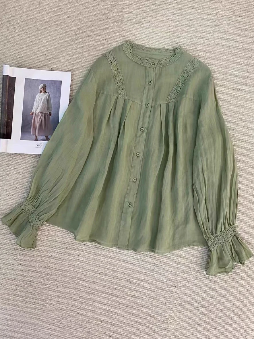 

Sweet Sle Patchwork Lace Loose Fit Linen irt Spring Summer Doll irt Single Button Age Reduction Versatile Casual irt