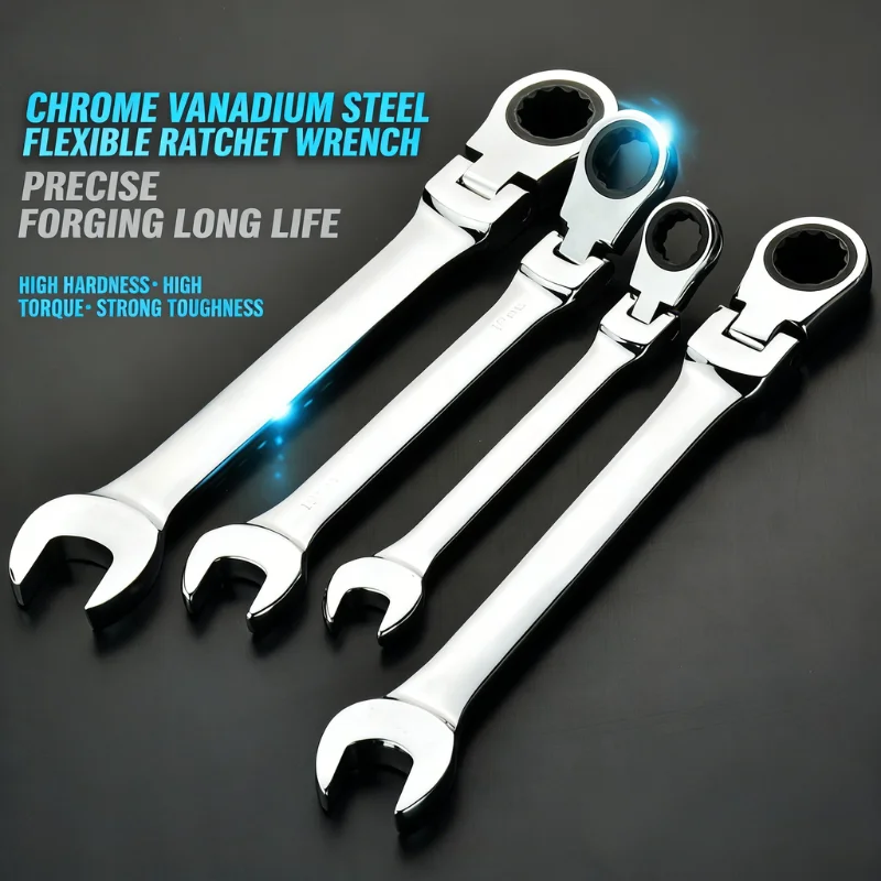 10-17mm Flex Head Ratcheting Combination Wrench 72-Tooth 180° Flexible CR-V Steel Auto Repair Tool Multiple Sizes Optional